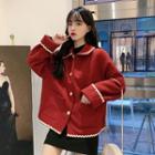 Furry-trim Buttoned Jacket Dark Red - One Size