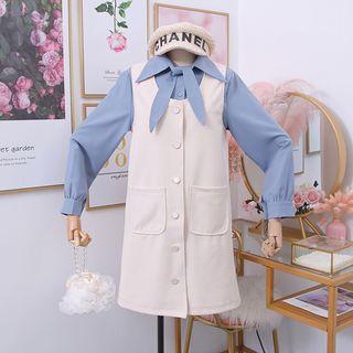 Set: Ribbon-neckline Plain Shirt + Button-down Tank Dress