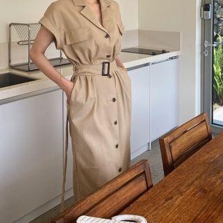 Short-sleeve Midi A-line Blazer Dress Khaki - One Size