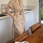 Short-sleeve Midi A-line Blazer Dress Khaki - One Size