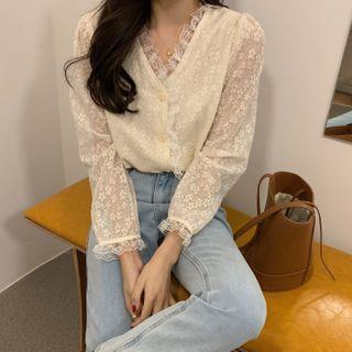 Long-sleeve Lace Trim Floral Top Almond - One Size