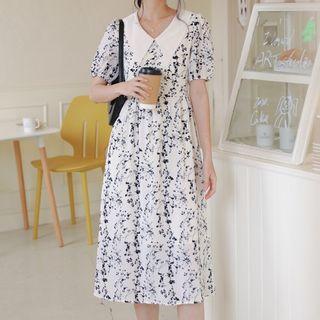 Pointy-collar Tie-waist Floral Midi Dress Off-white - One Size