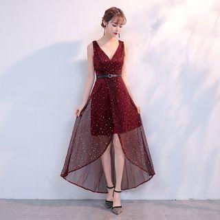 Sleeveless V-neck Mesh Panel Prom Dress