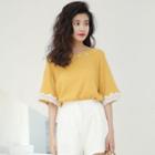 Elbow-sleeve Lace Panel T-shirt Yellow - One Size