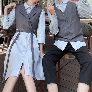 Couple Matching Single-breasted Vest / Cropped Vest / Plain Shirt / Long-sleeve Shirtdress / Set