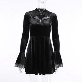 Flared-sleeve Lace Trim Mini A-line Dress