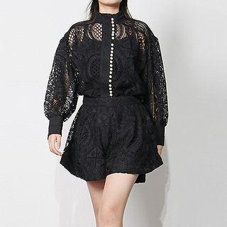 Set: Long-sleeve Lace Top + High Waist Wide Leg Shorts + Camisole Top