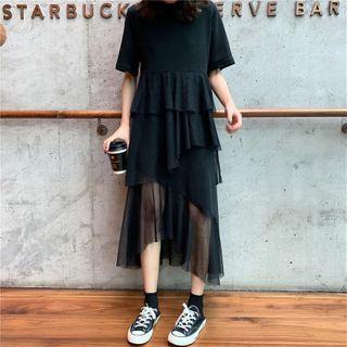 Short-sleeve A-line Layered Mesh Dress