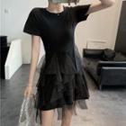 Short-sleeve Sheer Panel Layer Pleated T-shirt Dress Black - One Size