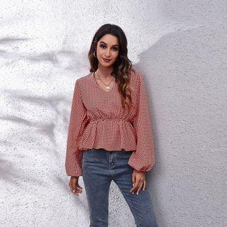 Balloon-sleeve Houndstooth Peplum Blouse