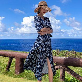 Elbow-sleeve Leaf Print Midi Sundress