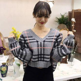 Plaid Cropped Sweater As Shown In Figure - One Size