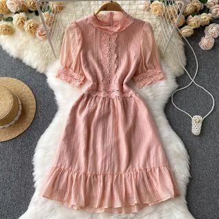 Short-sleeve Stand-collar Lace Chiffon Dress