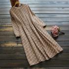 Floral Print Long-sleeve Midi A-line Linen Dress