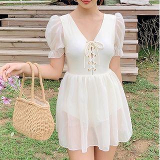 Short-sleeve Lace-up A-line Swim Dress