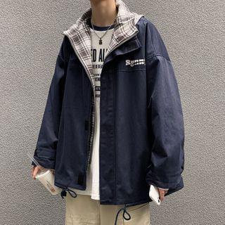 Mock Two-piece Lettering Hooded Zip-up Jacket