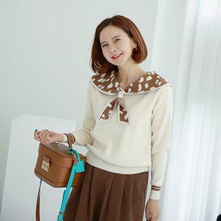 Sailor-collar Leopard Knit Top