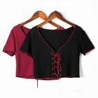 Short-sleeve Contrast Trim Lace-up Cropped T-shirt