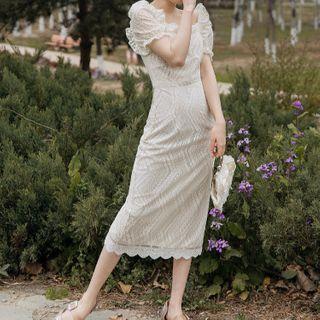 Lace Puff-sleeve Square-neck Midi Sheath Dress