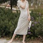 Lace Puff-sleeve Square-neck Midi Sheath Dress