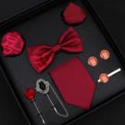 Set Of 8: Wedding Bow Tie + Neck Tie + Pocket Square + Lapel Pin + Cufflinks + Tie Clip Set Of 8 - With Zip - Red - One Size