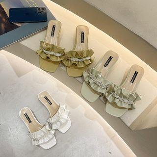 Block Heel Beaded Frill Trim Slide Sandals