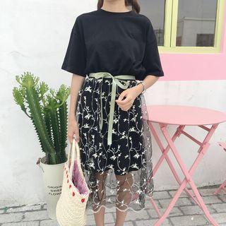Set : Plain Short-sleeve T-shirt Dress + Mesh Midi Skirt