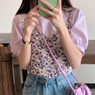 Balloon-sleeve Blouse / Floral Print Shirred Camisole Top