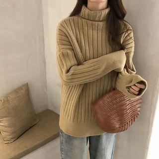 Mock-turtleneck Ribbed Sweater Khaki - One Size