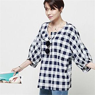 Balloon-sleeve Half-placket Check Blouse