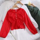 Frilled Drawstring Long-sleeve Cropped Blouse