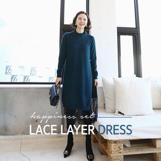 Set: Deep-slit Midi Knit Dress + Sleeveless Long Lace Dress
