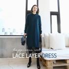 Set: Deep-slit Midi Knit Dress + Sleeveless Long Lace Dress