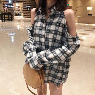 Cold Shoulder Plaid Blouse