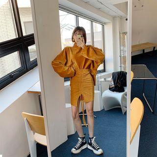 Set: Mock Turtle-neck Velvet Top + Shirred Skirt