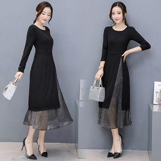 Set: Long-sleeve Slit-side Top + Sleeveless Midi A-line Dress