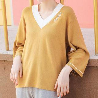 Letter Embroidered Contrast Trim Long-sleeve Knit Top
