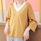 Letter Embroidered Contrast Trim Long-sleeve Knit Top