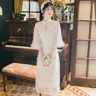 Elbow-sleeve Embroidered Midi Qipao Shift Dress