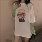 Long-sleeve Mesh Top / Elbow-sleeve Printed T-shirt