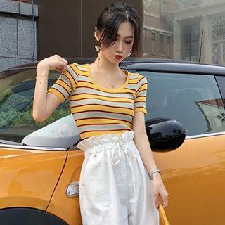Short-sleeve Striped Knit Top / Plain Loose Fit Pants