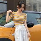 Short-sleeve Striped Knit Top / Plain Loose Fit Pants