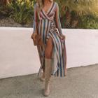 V-neck Stripe Wrap A-line Dress
