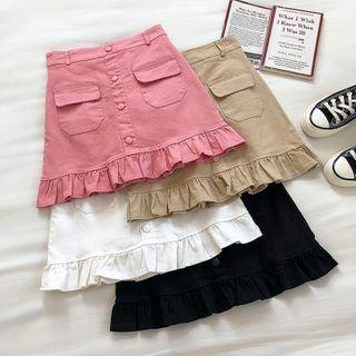 Plain High-waist A-line Ruffled-trim Skirt