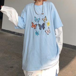 Mock Two-piece Butterfly Print Long-sleeve T-shirt White Sleeve - Light Blue - One Size