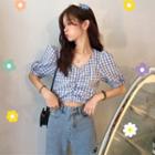 Short-sleeve Gingham Shirred Blouse