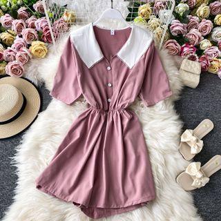 Color-block Collar Short-sleeve Playsuit