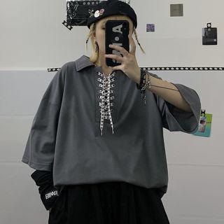 Elbow-sleeve Lace-up Polo Shirt