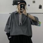 Elbow-sleeve Lace-up Polo Shirt
