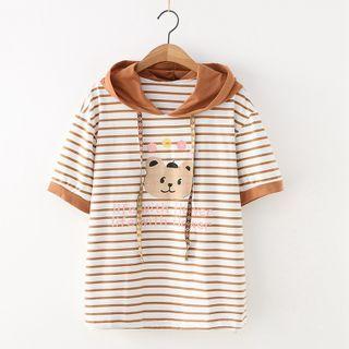 Short-sleeve Striped Bear Print Hooded T-shirt